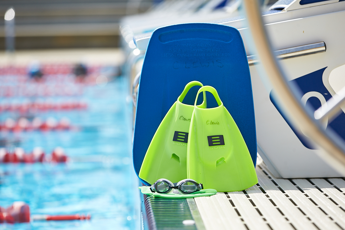Swim equipment next to the pool starting block