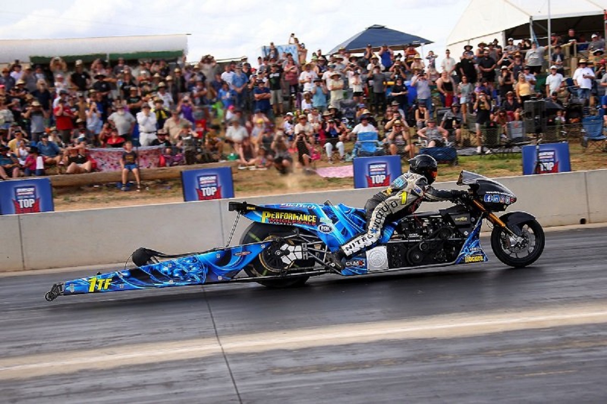 A photo of a long motorcycle at the Top Fuel Motorcycle event at the Perth Motorplex in Kwinana, Perth