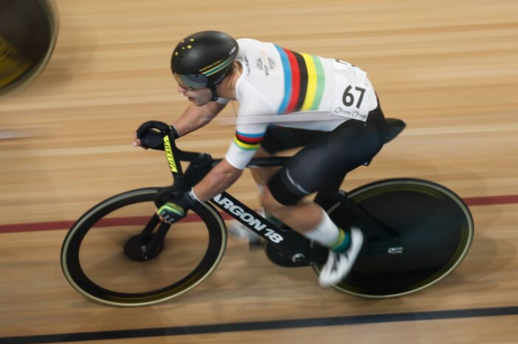 A photo of a rider competing in the Westral Wheelrace at the Speeddome in Middle Swan, Perth