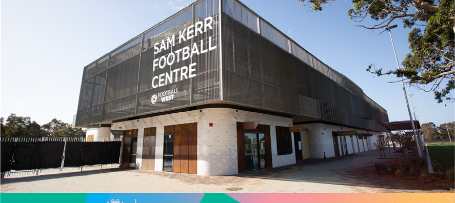A ground level photo of the entrance to the main building at the Sam Kerr Football Centre