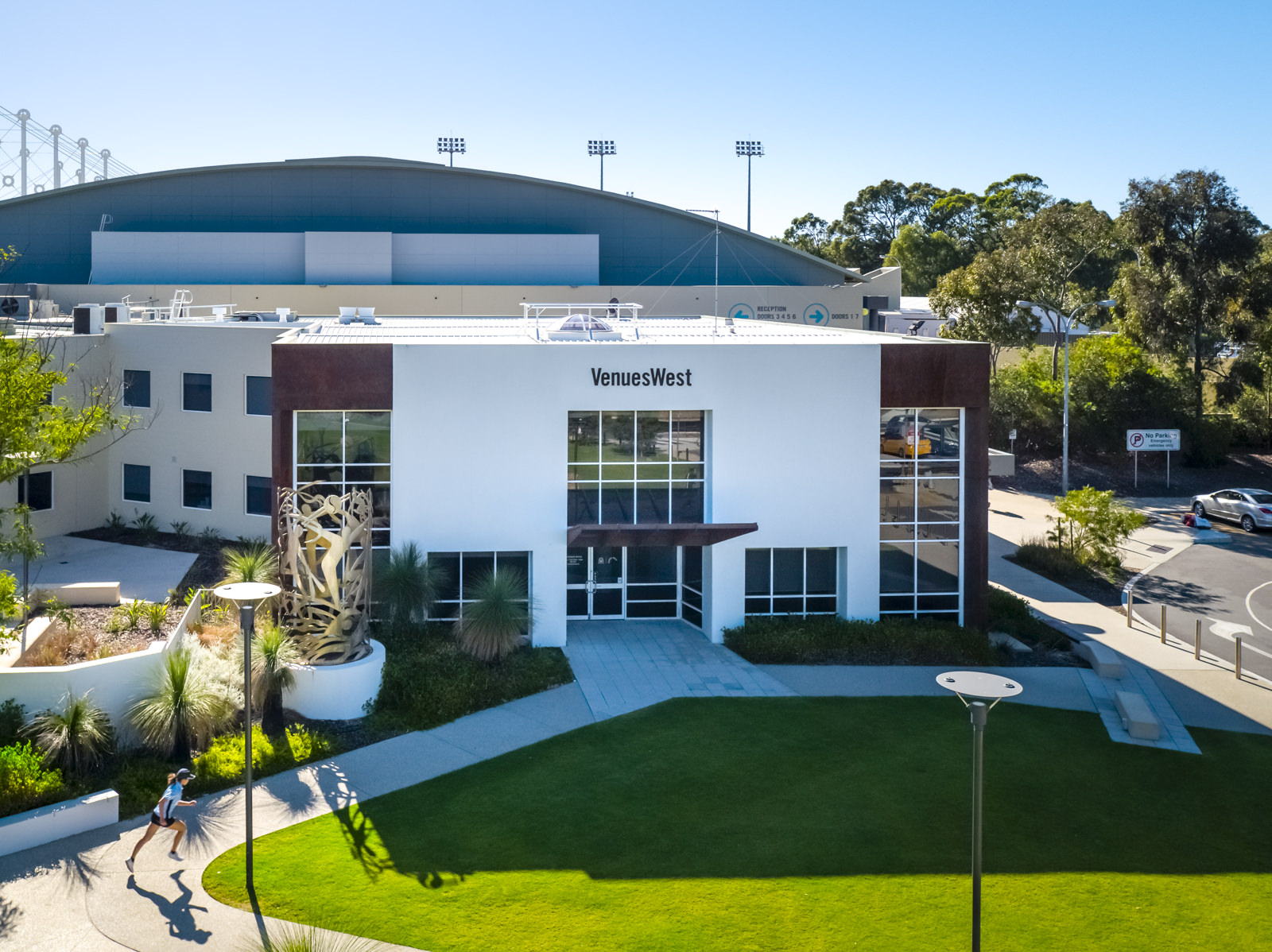 Aerial shot of the VenuesWest building and grass area in Mount Claremont