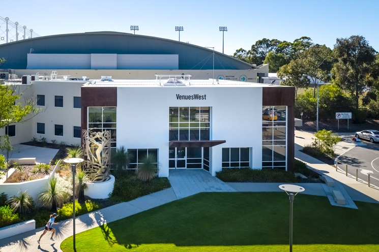 Aerial shot of the VenuesWest building and grass area in Mount Claremont